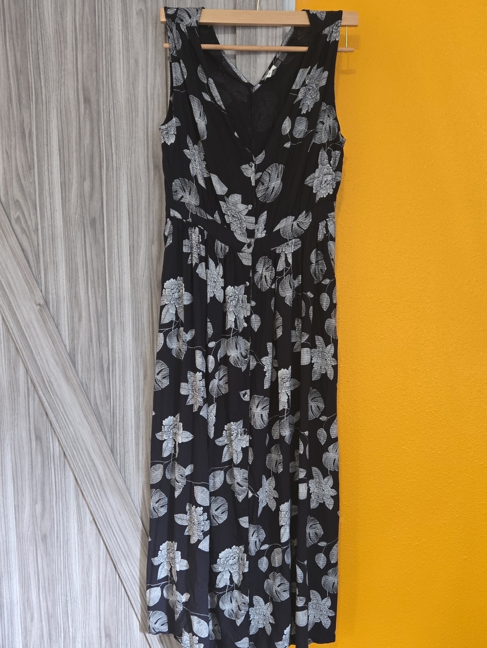 Roxy Black Button Up Maxi Dress with White Floral Print